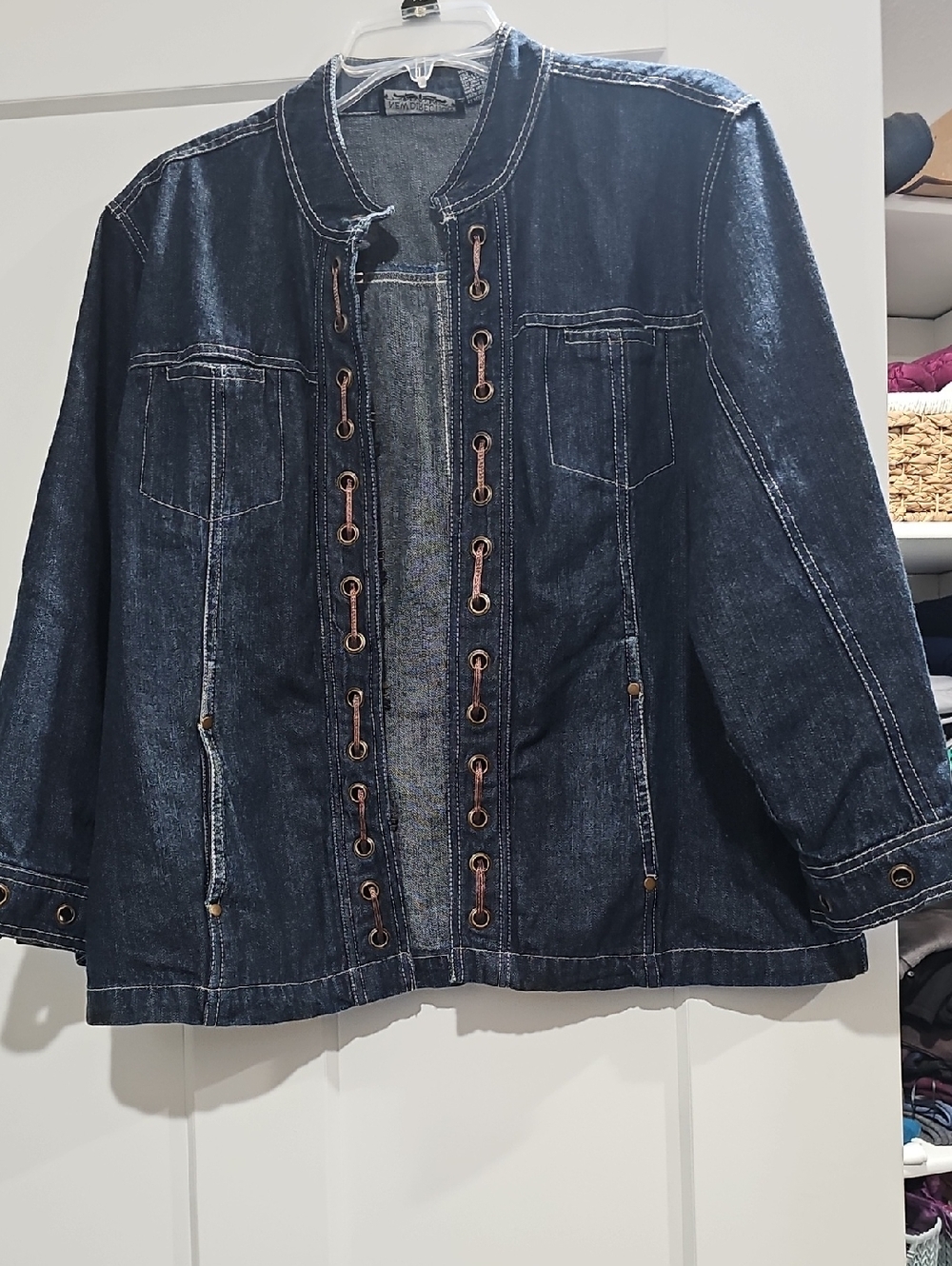 new directions Dark Blue Denim Jacket with Eyelet Trim